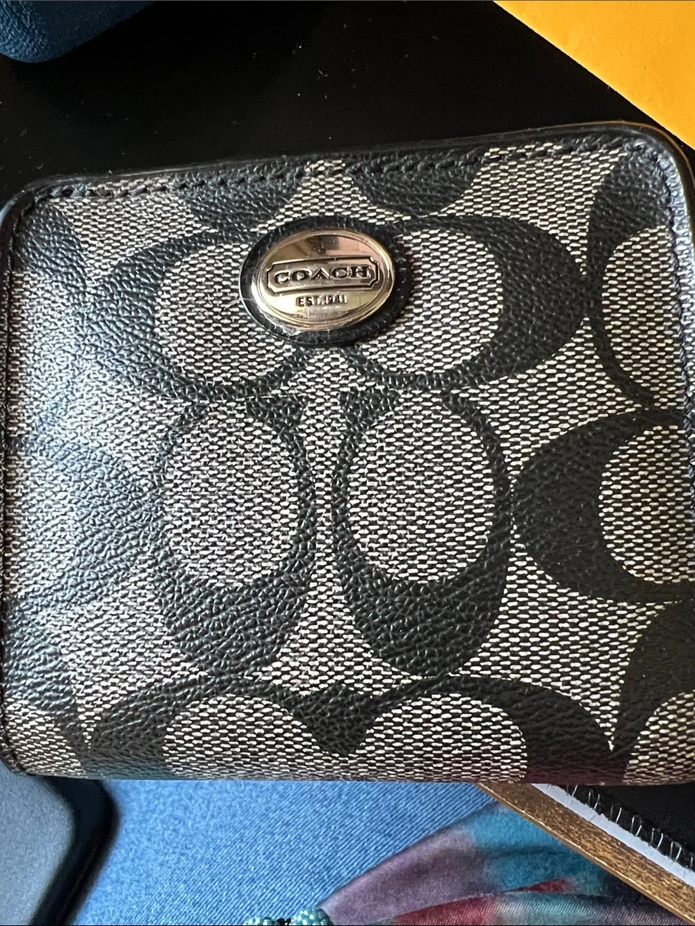 Coach Black and Beige Signature Zip Wallet with Silver Logo - Picture 1 of 6